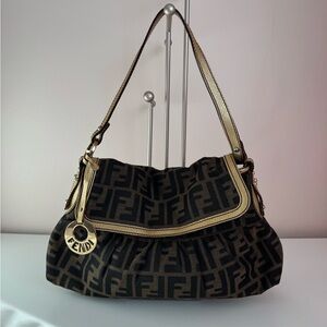 Fendi Chef Brown and Black Zucca Logo Shoulder Bag with Gold Charm